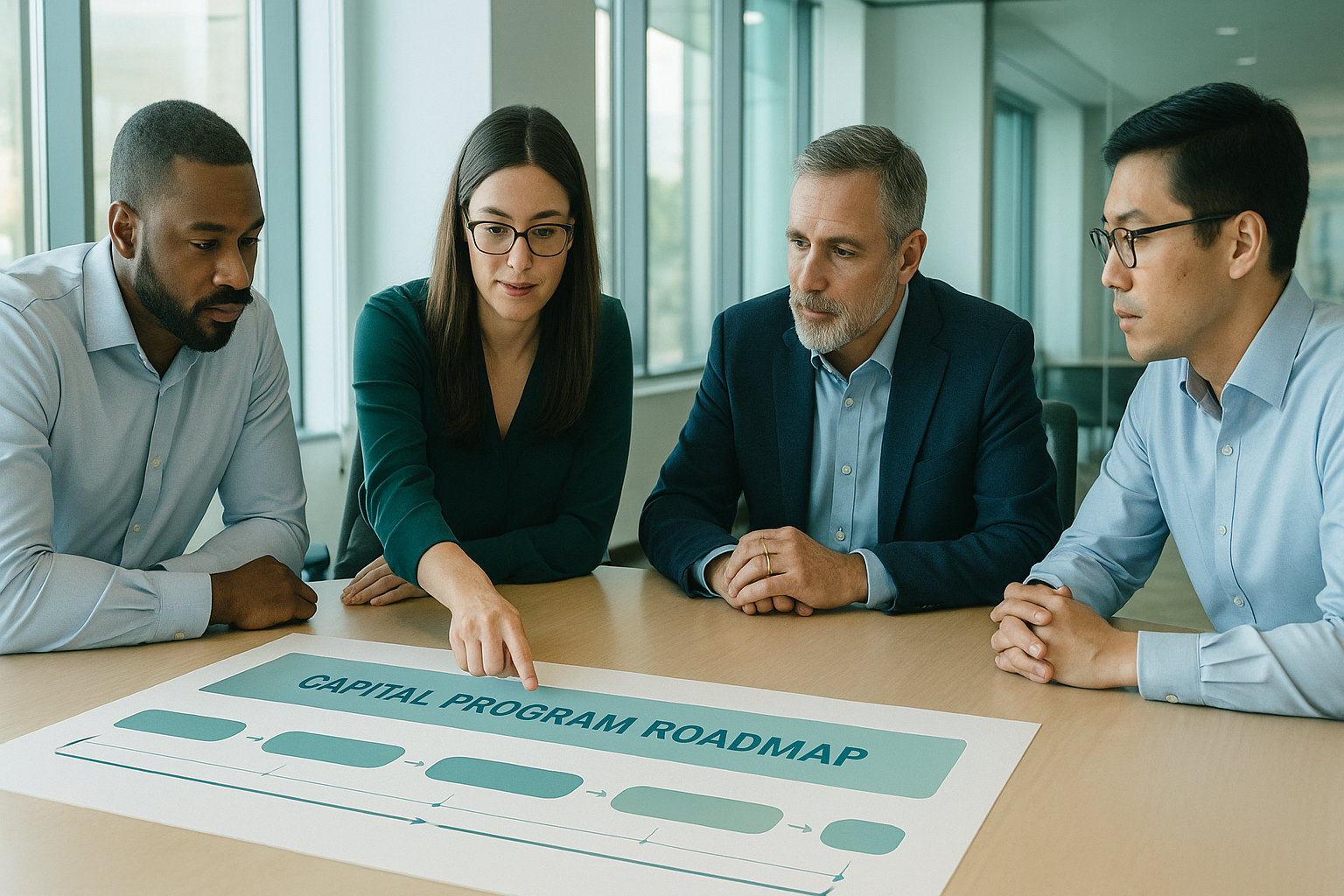 Team meeting reviewing a capital program roadmap