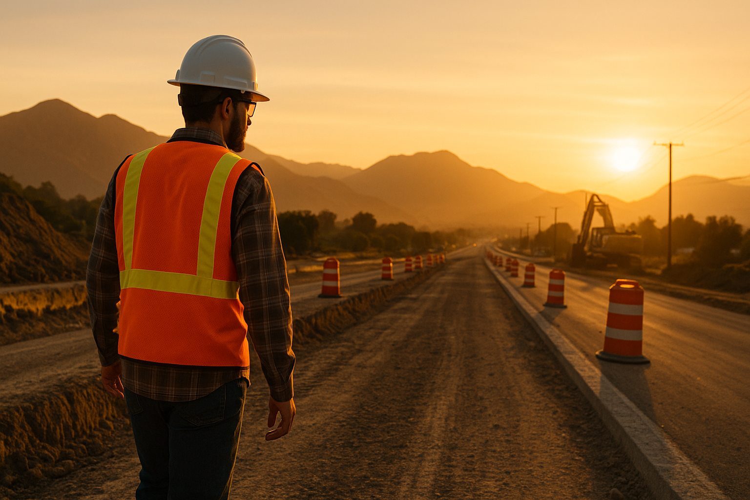 Civil engineer performing a site walk during golden hour in Southern California