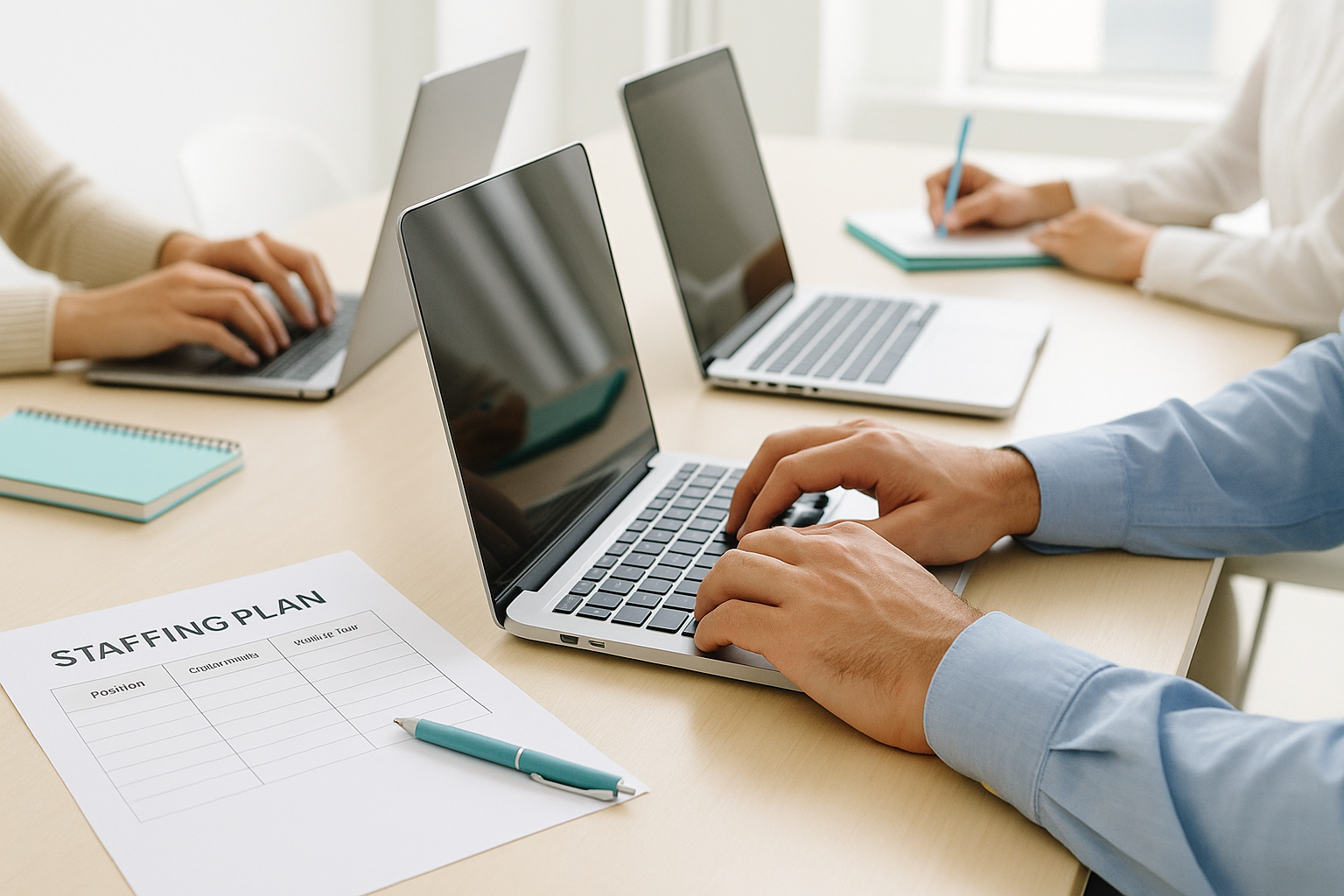 Team discussing staffing plan in a conference room