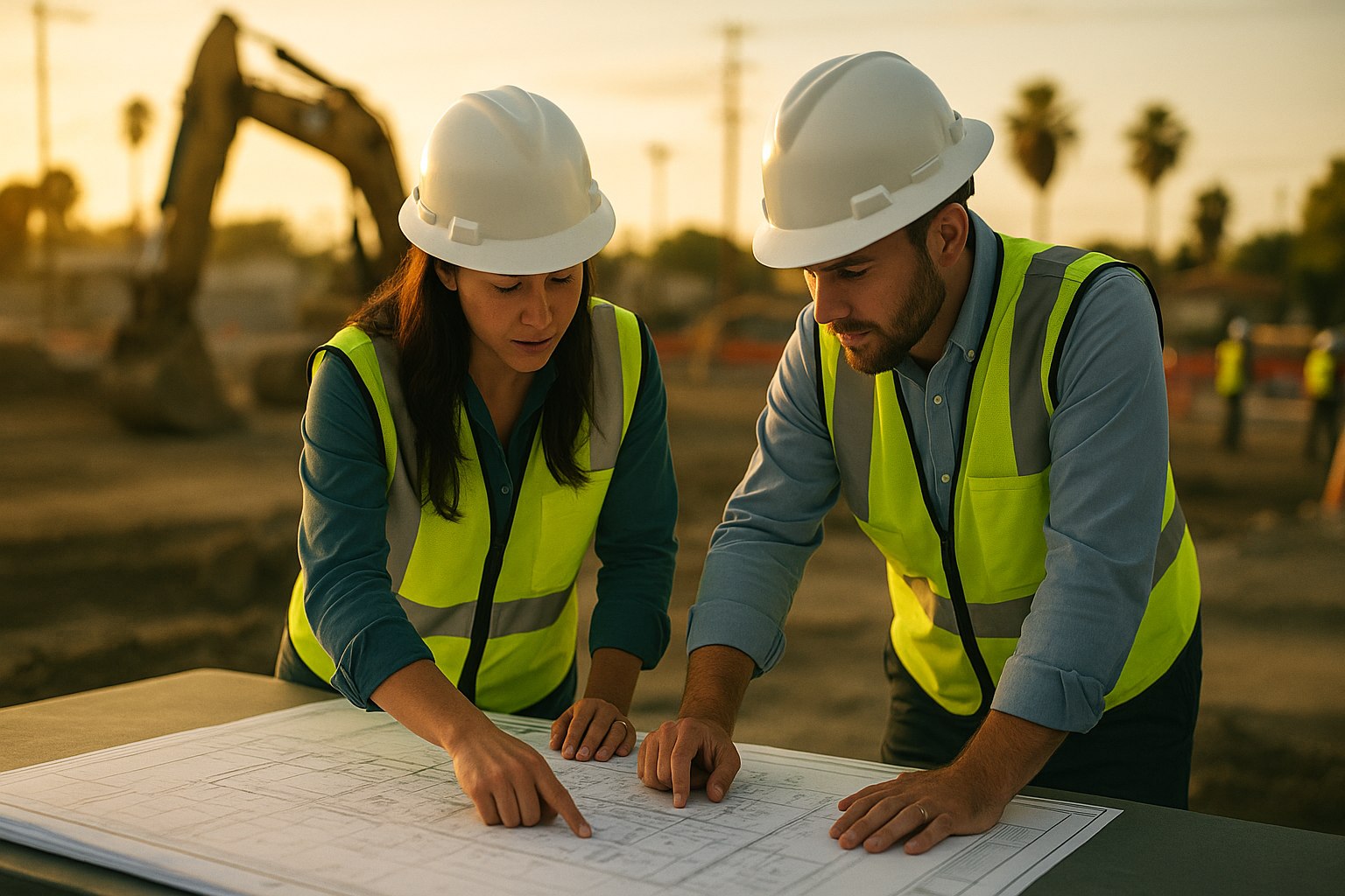 Civil engineers collaborating over plan sets at a Southern California job site